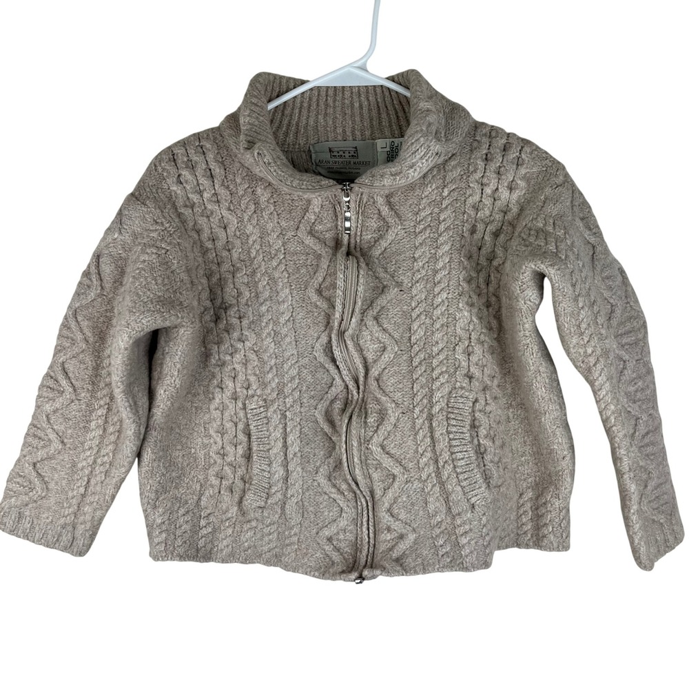 Aran Sweater Market Kids L Merino Wool Full Zip Cable Knit Cardigan Ireland Tan